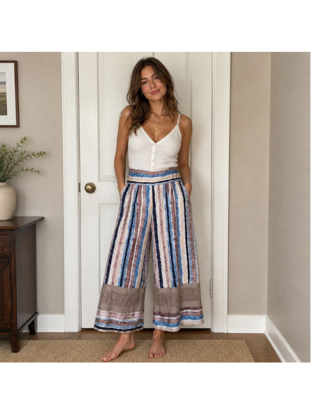 Women's AGGEL Knitwear Blue Brown Striped Wide Leg Pants L